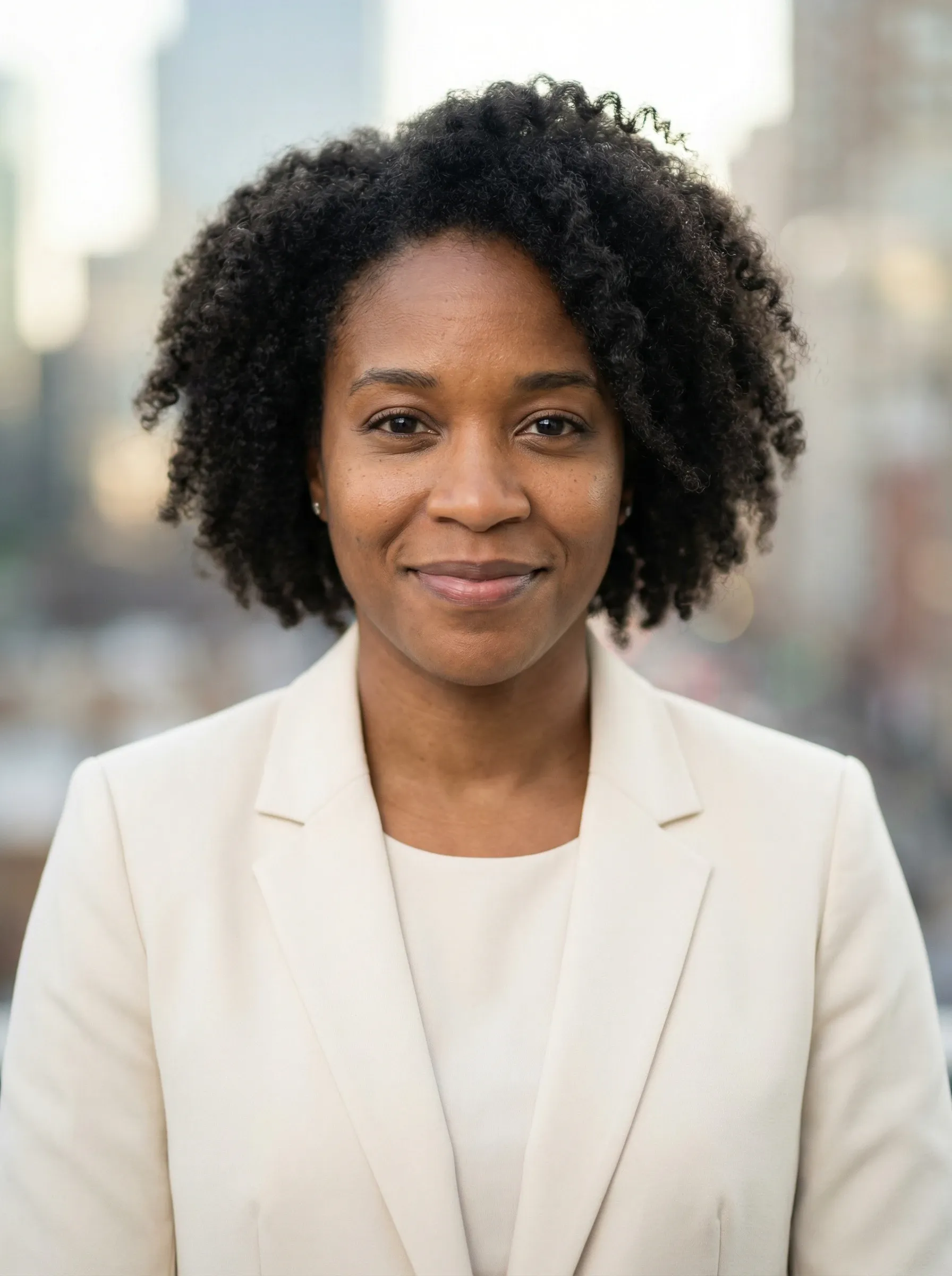 Professional headshot of a woman in a cream blazer and matching top with a soft city skyline background